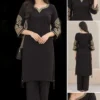 Women's Embroidered Chinon Blend Kurta Set with Straight Calf Length Kurta, Flared Pants
