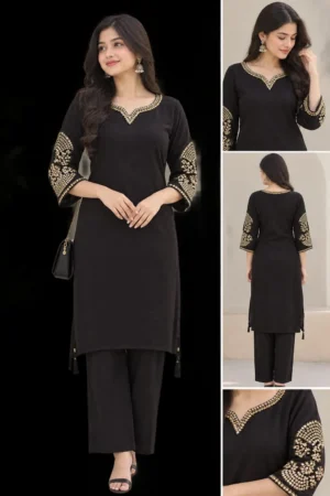 Women's Embroidered Chinon Blend Kurta Set with Straight Calf Length Kurta, Flared Pants