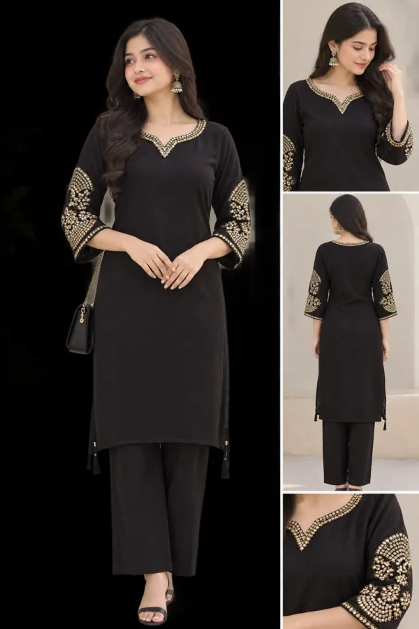 Women's Embroidered Chinon Blend Kurta Set with Straight Calf Length Kurta, Flared Pants